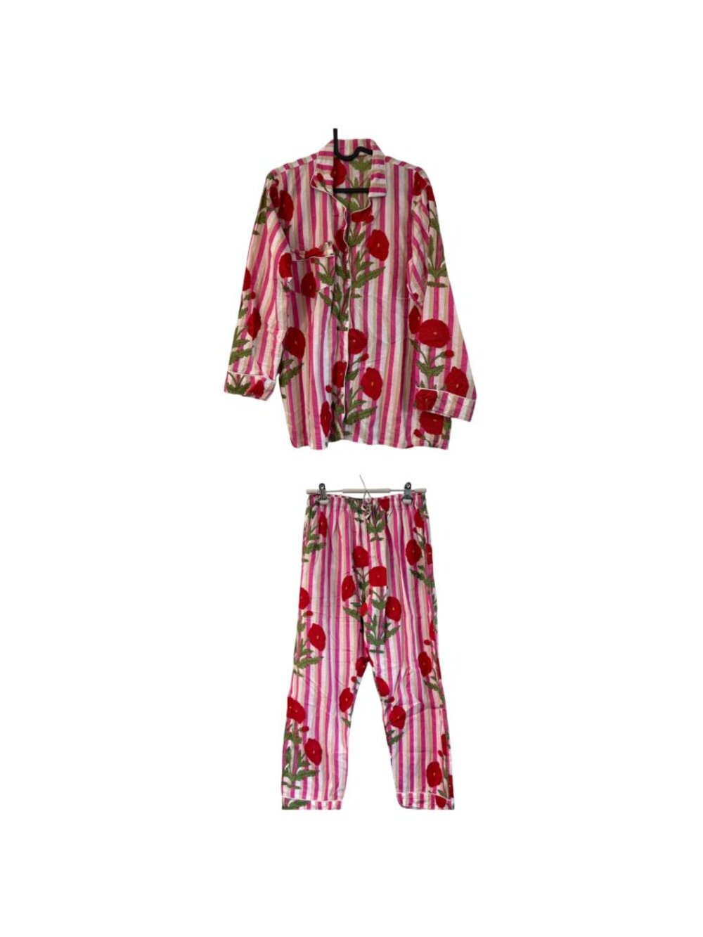 Red Poppy Floral Made in India Screen Printed Pajama Shirt Set Womens Large